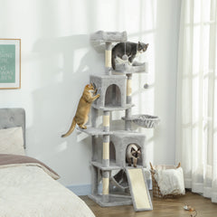 Cat Tree, 70" Multi-Level Cat Tower with 2 Condos, 2 Perches, Hammock, Toy Balls, Scratching Posts and Board, Dark Grey