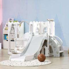 6-in-1 Slide and Swing Set Baby Swing Playset Indoor with Basketball Hoop, Climber, Storage Space, Telescope, Grey