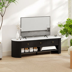 TV Stand, Modern TV Table with Marble-Effect Top, 3 Drawers and 2 Open Shelves for 32-65 Inch Television, Natural