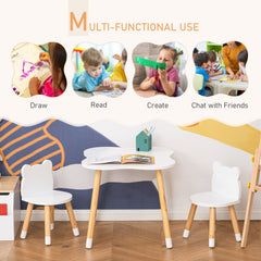 Kids Wooden Table and 2 Chairs Set, 3-Piece Dining Table with Bear Shape and Rounded Corners for 1-4 Years, White