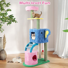 61 Inch Elephant Cat Tree with Two Condos, a Crinkle Ear and a Sisal Ramp