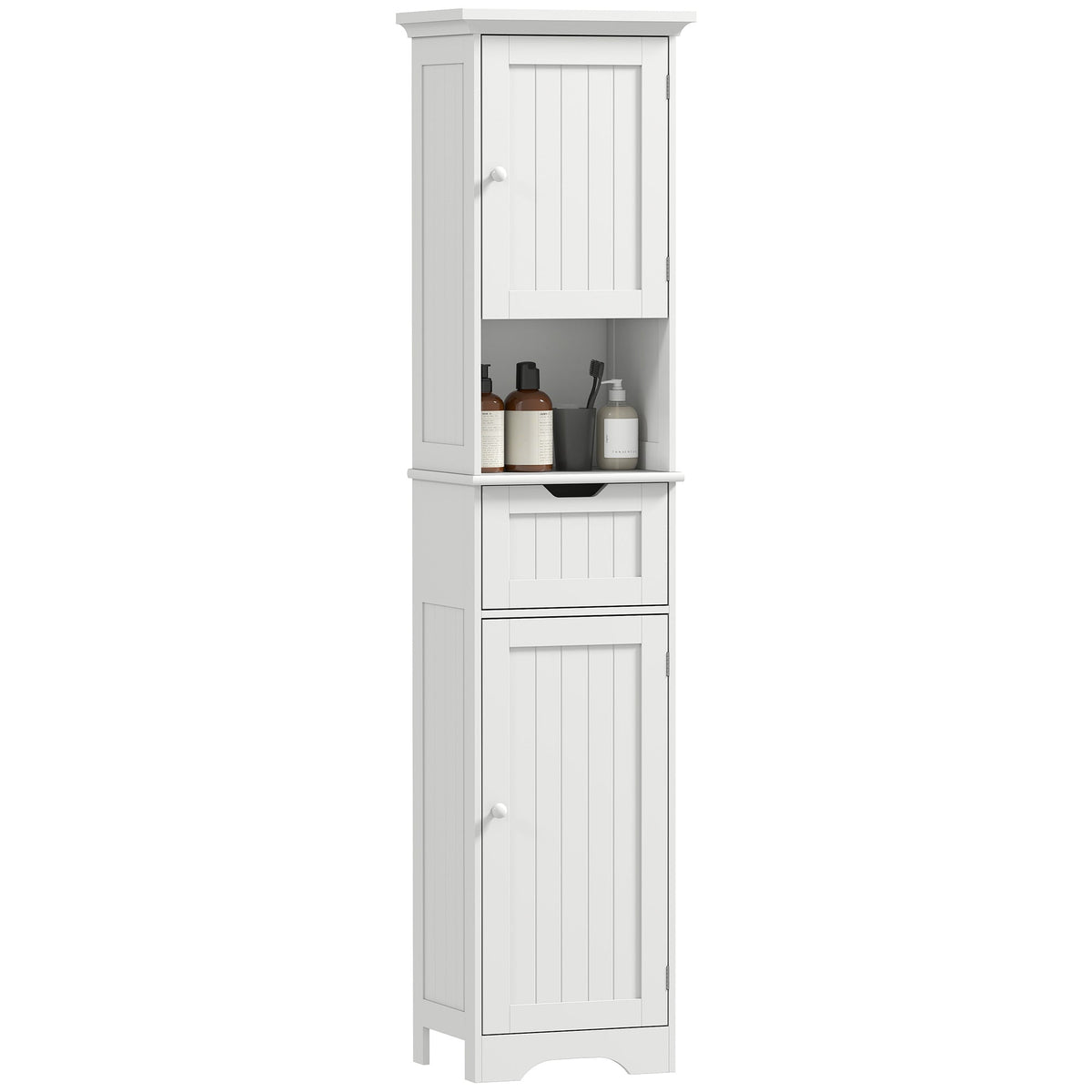 67" Tall Bathroom Storage Cabinet, Narrow Bathroom Cabinet with LED Light, Adjustable Shelf, Open Compartment, Drawer