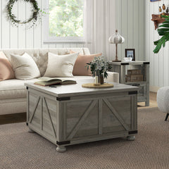 Farmhouse Coffee Table, Square Center Table with Flip-top Lids, Hidden Storage Compartment and Wooden Legs, Oak