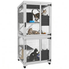 Catio Outdoor, Elevated Design, with Wheels, Resting Box, Water-Resistant, Multi Platforms, White & Grey