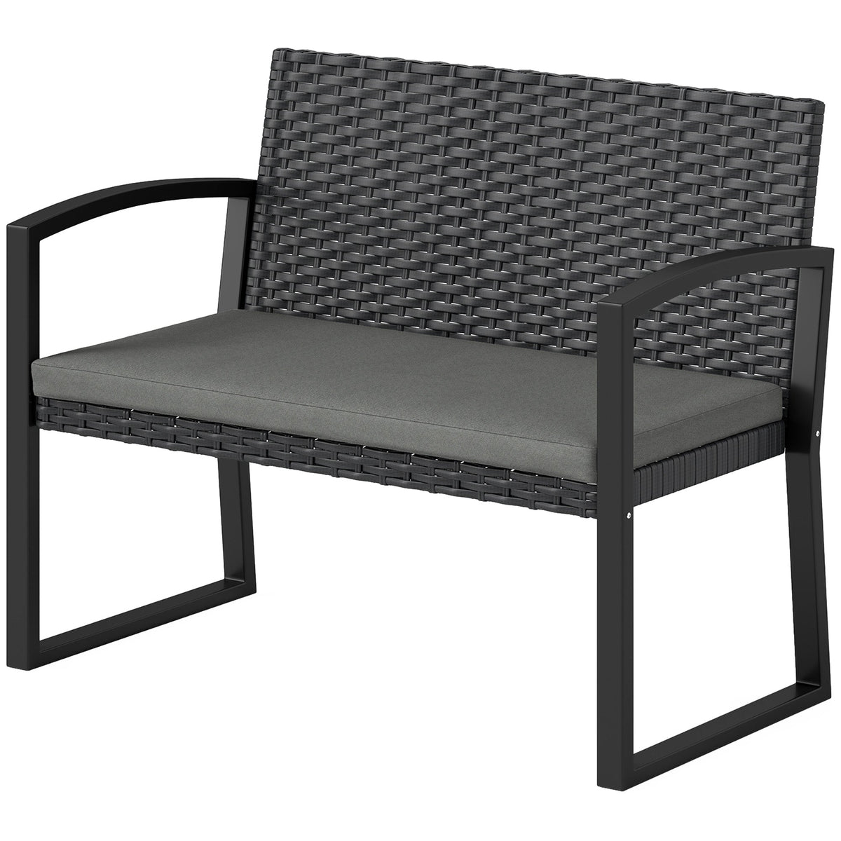 2 Seater Outdoor Bench, Rattan Garden Bench Loveseat with Cushion, Armrests, Steel Frame for Patio, Porch, Light Grey