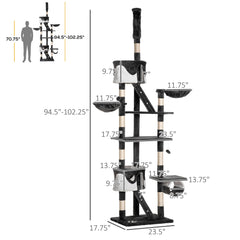 94"-102" Huge Cat Tree Ceiling High Cat Condo Scratching Post Activity Center Multi-Level Play House Light Grey