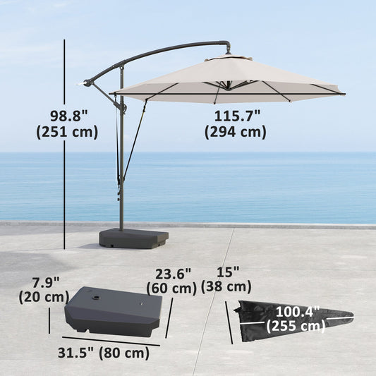 10FT Cantilever Umbrella with Fillable Base, Wind Strap and Cover, Offset Hanging Umbrella with Crank, Cream White