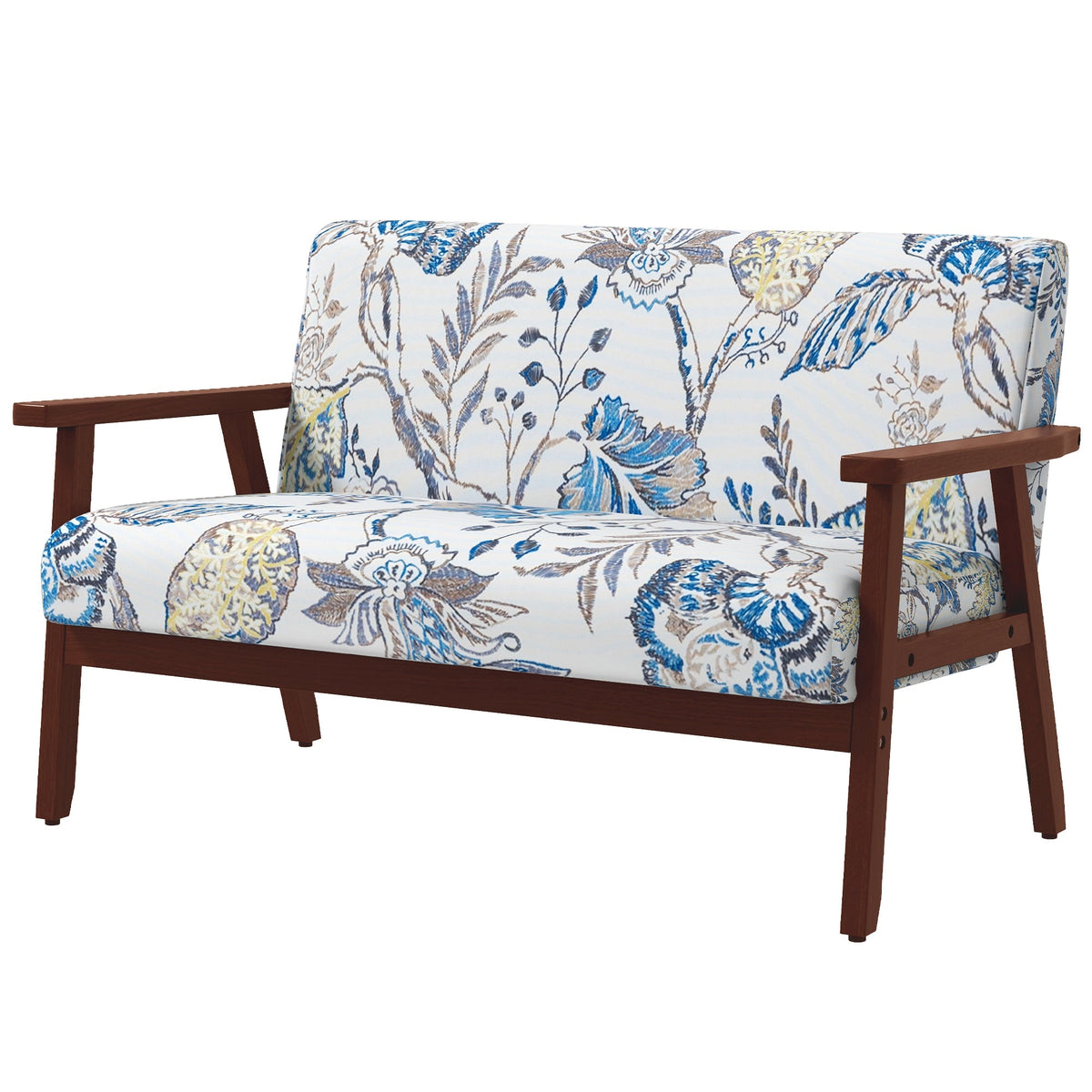 Compact Loveseat Sofa Couch Linen Fabric Double Seat Sofa with Rubber Wood Legs Cream White