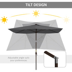 6.5x10ft Patio Umbrella Rectangle Solar Powered Tilt Aluminum Outdoor Market Parasol with LEDs Crank (Light Coffee)