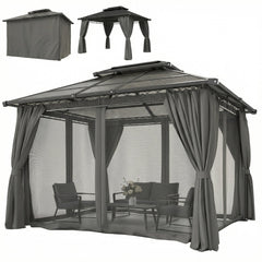 10' x 10' Outdoor Hardtop Gazebo Canopy w/ Double PC Roof, Steel Frame, Nettings, Curtains for Garden Lawn Deck, Black
