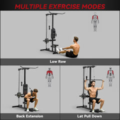 Lat Pull Down Machine, High / Low Pulley Machine with Adjustable Seat and Flip-Up Footplate, Black