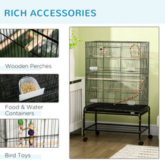 52" Bird Cage with Rolling Stand, Toys, for Budgies Canaries Black