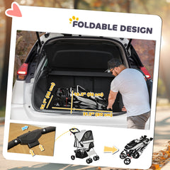 Cat Dog Stroller, One-click Foldable Pet Stroller w/Cup Holder, 4 Wheels Travel Carrier w/Brakes, 360° Swiveling Front Wheels, Storage Basket, for XS/Small Dogs Cats, Black