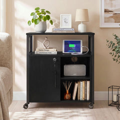 File Cabinet on Wheels with Charging Station and Cable Management Hole-Black