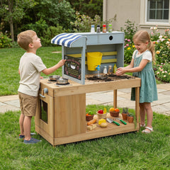 Fir Wood Kids Kitchen Playset with Canopy and Faucet-Natural