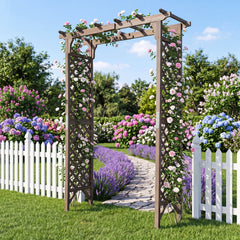 Flat Top Garden Arch with Gate 85 inches Tall Wood for Climbing Plants and Wedding-Brown
