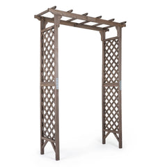Flat Top Garden Arch with Gate 85 inches Tall Wood for Climbing Plants and Wedding-Brown