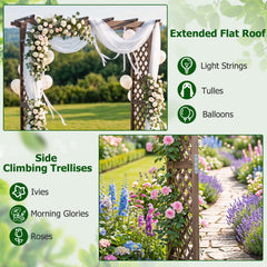 Flat Top Garden Arch with Gate 85 inches Tall Wood for Climbing Plants and Wedding-Brown