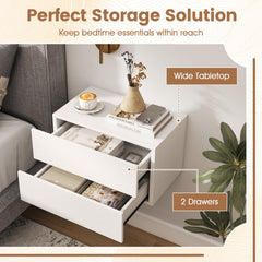 Floating Nightstand with 2 Storage Drawers Wall Mounted for Bedroom-White