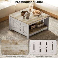 31.5" Square Coffee Table, Farmhouse 2-Tier Center Table for Living Room, Distressed Oak and Brown