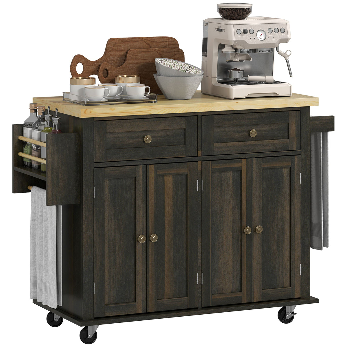 Kitchen Island with Storage, Rolling Trolley Cart with Rubber Wood Top, Spice Rack, Towel Rack, Brown Oak