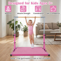 Foldable Gymnastics Bar for Kids with 3-Level Adjustable Heights-Pink