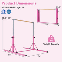 Foldable Gymnastics Bar for Kids with 3-Level Adjustable Heights-Pink