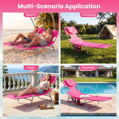 Folding Beach Lounge Chair with Adjustable Backrest for Lawn-Pink