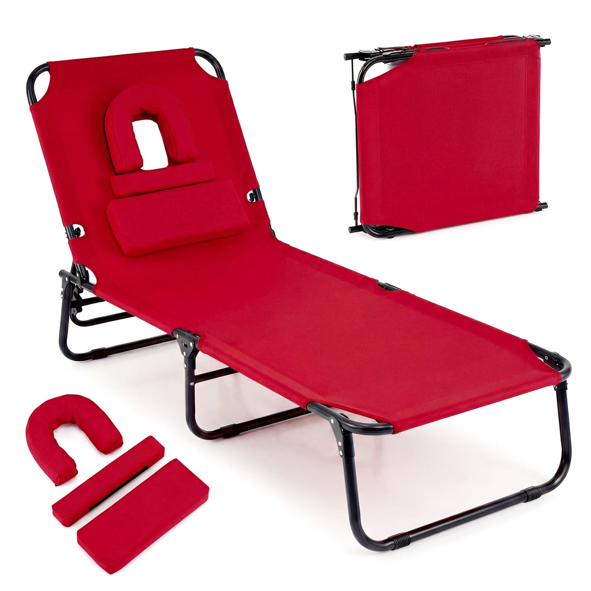 Folding Tanning Lounger with 4 Backrest Positions and Leg Support, Red