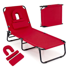 Folding Tanning Lounger with 4 Backrest Positions and Leg Support, Red