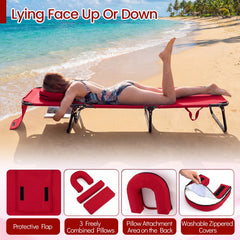 Folding Tanning Lounger with 4 Backrest Positions and Leg Support, Red