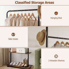 Freestanding Clothing Rack with Wheels and Storage Shelves for Entryway and Bedroom-Rustic Brown
