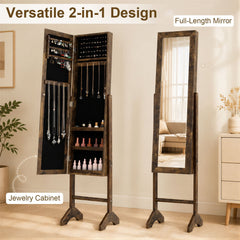 Freestanding Jewelry Armoire with Velvet Lining and Full Length Mirror-Brown