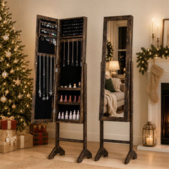 Freestanding Jewelry Armoire with Velvet Lining and Full Length Mirror-Brown