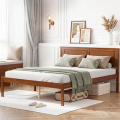 Full Size Farmhouse Wooden Platform Bed with Panelled Headboard, Brown Stain