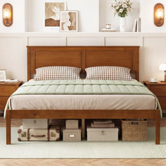 Full Size Farmhouse Wooden Platform Bed with Panelled Headboard, Brown Stain