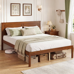 Full Size Farmhouse Wooden Platform Bed with Panelled Headboard, Brown Stain