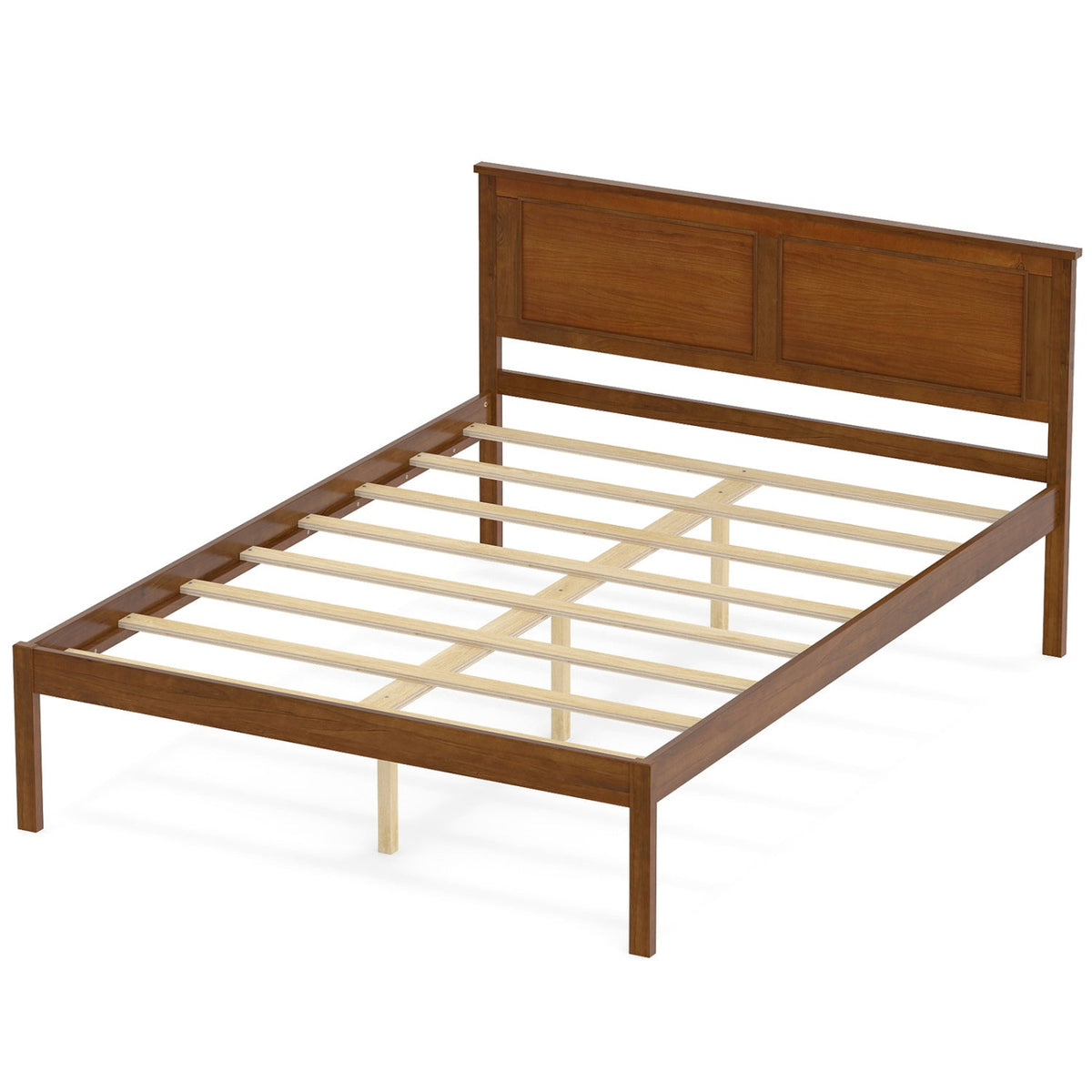 Full Size Farmhouse Wooden Platform Bed with Panelled Headboard, Brown Stain