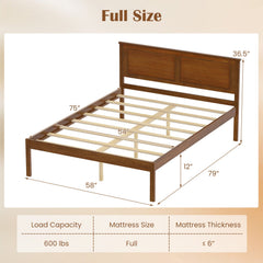 Full Size Farmhouse Wooden Platform Bed with Panelled Headboard, Brown Stain