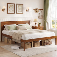 Queen Farmhouse Wooden Platform Bed with Panelled Headboard, Brown Stain