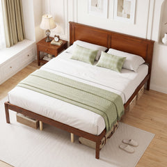 Queen Farmhouse Wooden Platform Bed with Panelled Headboard, Brown Stain