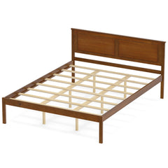 Queen Farmhouse Wooden Platform Bed with Panelled Headboard, Brown Stain
