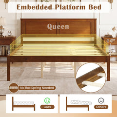 Queen Farmhouse Wooden Platform Bed with Panelled Headboard, Brown Stain