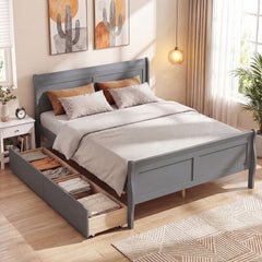 Full Size Sleigh Bed Frame with 2 Movable Storage Drawers and Curved Footboard, Grey