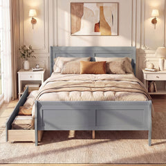 Full Size Sleigh Bed Frame with 2 Movable Storage Drawers and Curved Footboard, Grey