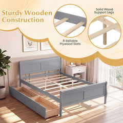 Full Size Sleigh Bed Frame with 2 Movable Storage Drawers and Curved Footboard, Grey