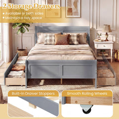 Full Size Sleigh Bed Frame with 2 Movable Storage Drawers and Curved Footboard, Grey