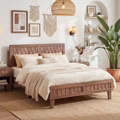 Full Size Mid Century Platform Bed with Woven Headboard and Footboard, 6.5 Inch Low Profile