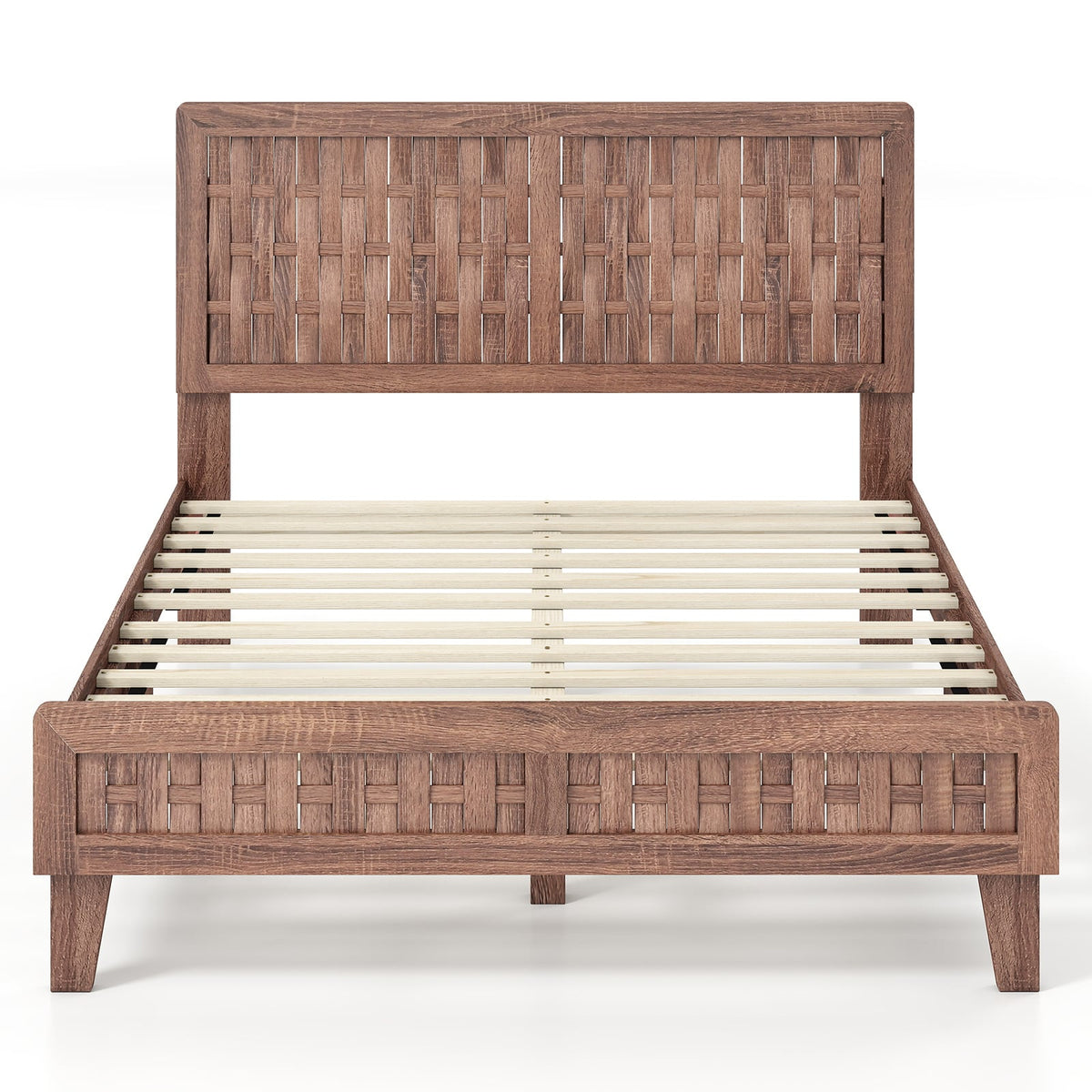 Full Size Mid Century Platform Bed with Woven Headboard and Footboard, 6.5 Inch Low Profile