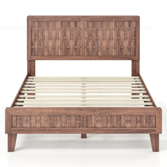 Full Size Mid Century Platform Bed with Woven Headboard and Footboard, 6.5 Inch Low Profile